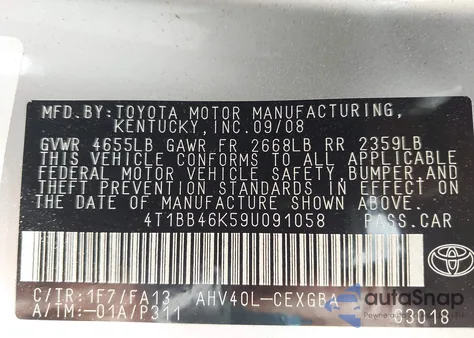 2009 Toyota Camry Hybrid из США, поврежденный, VIN 4T1BB46K59U091058